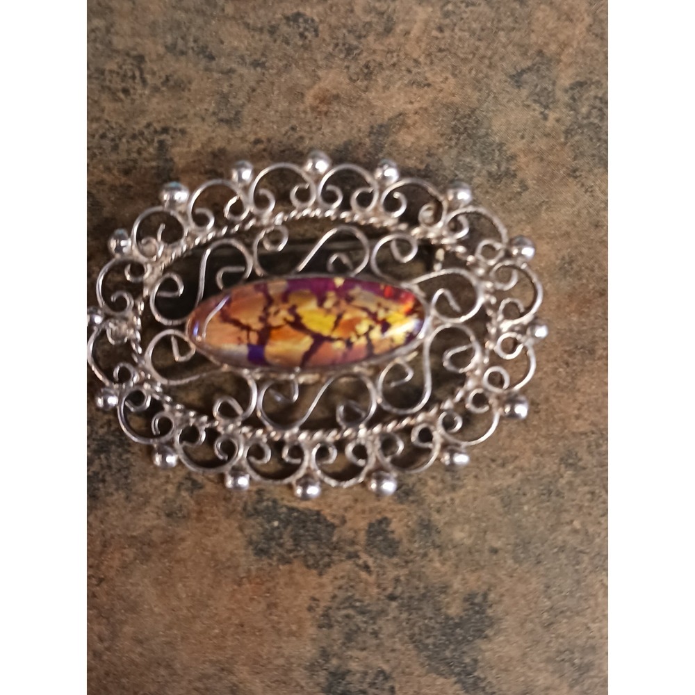 Vintage JOYMEX Mexico Silver RARE Foil Opal Art Glass pin pendant dragon breath